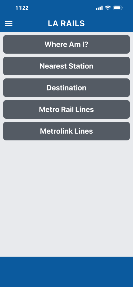 LA Rails app home screen with buttons for Where Am I?, Nearest Station, Destination, Metro Rail Lines, and Metrolink Lines